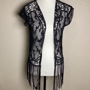 Women's Black Floral Lace Fringe Vest Boho Festival Sheer Crochet Cap Sleeve OS